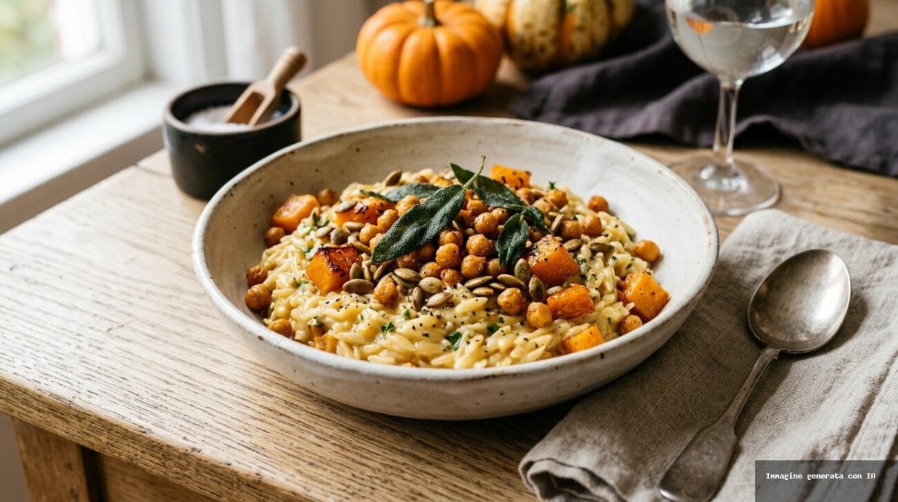 Pasta Risottata Zucca e Ceci Croccanti