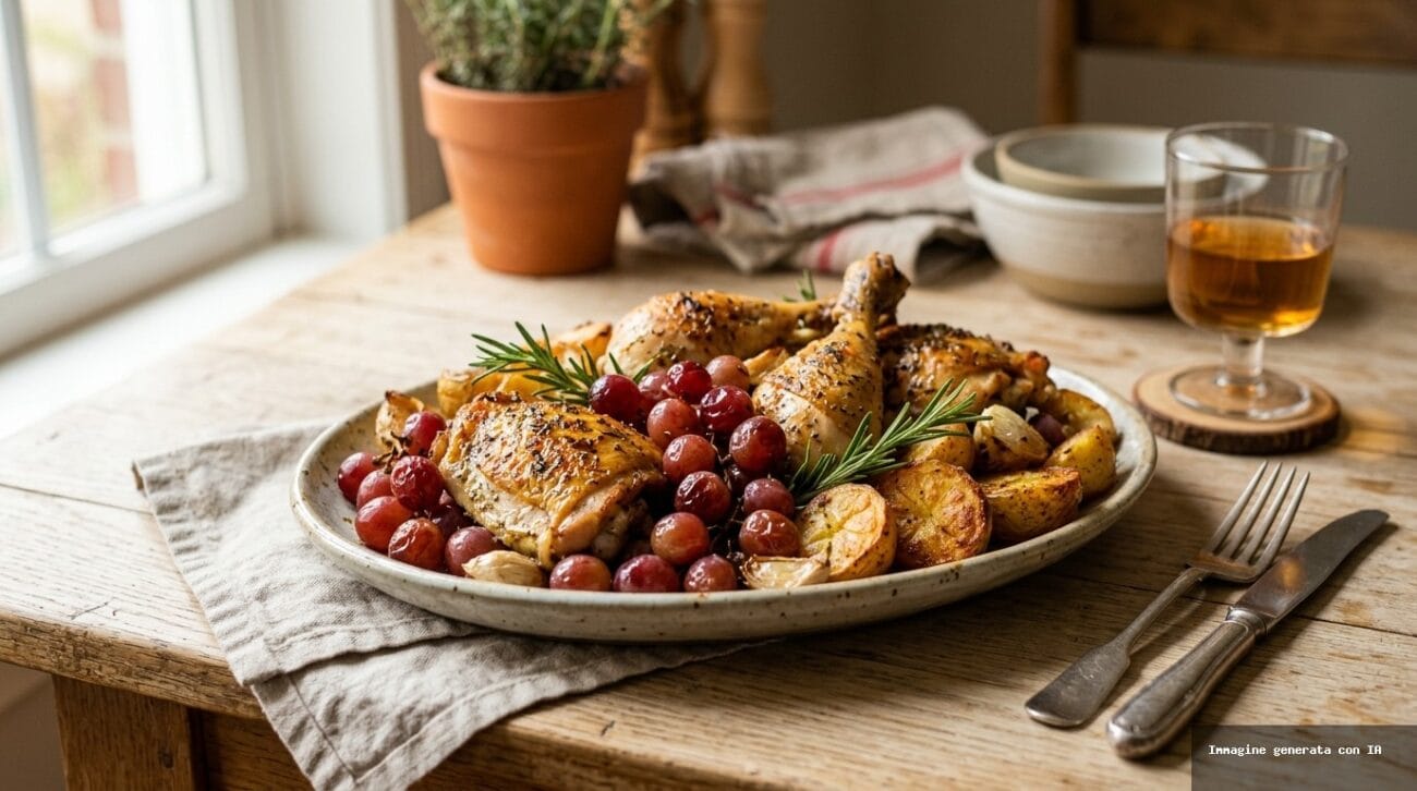 Pollo al Forno con Uva e Patate al Rosmarino