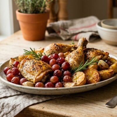 Pollo al Forno con Uva e Patate al Rosmarino