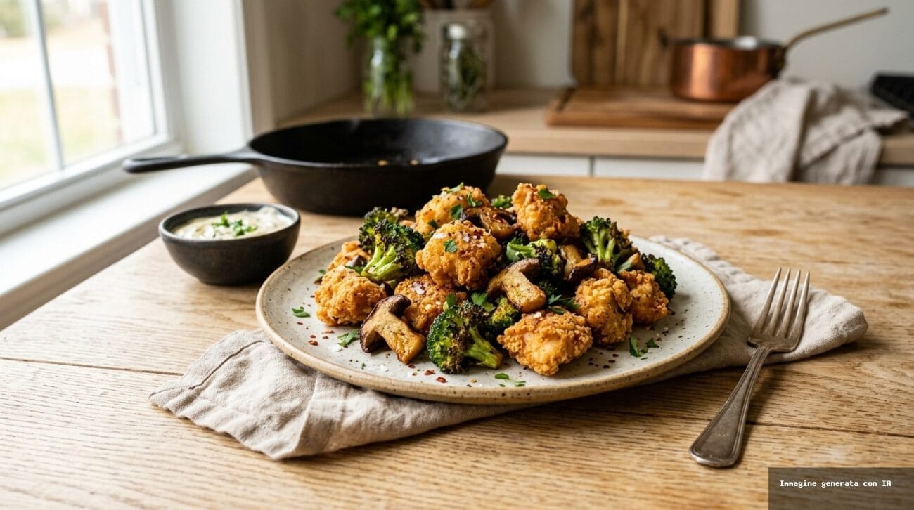 Pollo Croccante In Friggitrice Ad Aria Con Broccoli E Funghi Porcini