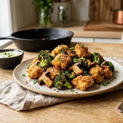 Pollo Croccante In Friggitrice Ad Aria Con Broccoli E Funghi Porcini
