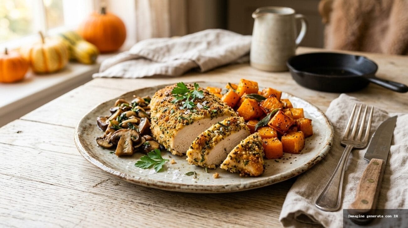 Pollo in Crosta di Semi con Zucca e Funghi Porcini al Forno