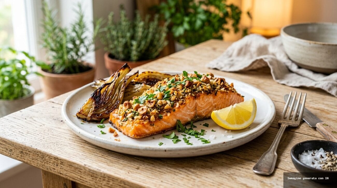 Salmone in Friggitrice ad Aria con Crosta di Nocciole e Finocchi Croccanti