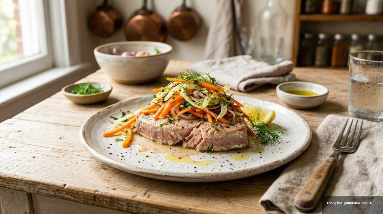 Tonno Fresco al Vapore con Julienne di Finocchi e Carote allo Zenzero