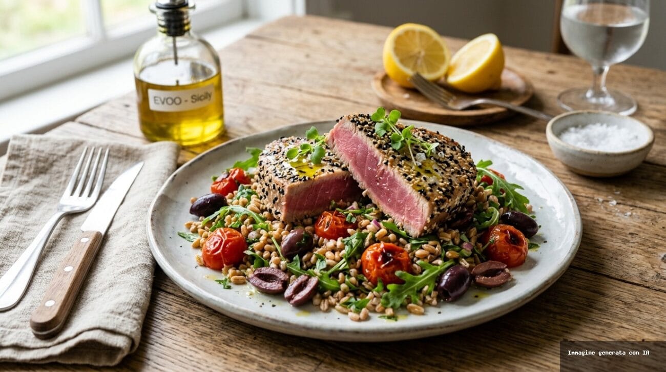 Tonno Fresco in Padella con Farro e Pomodorini Confit
