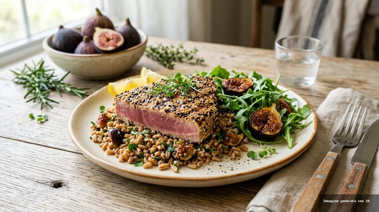 Tonno Grigliato in Crosta di Sesamo con Farro Fichi e Rucola