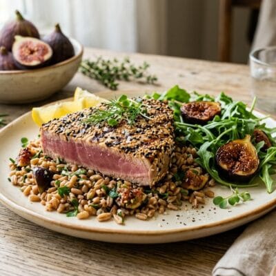 Tonno Grigliato in Crosta di Sesamo con Farro Fichi e Rucola