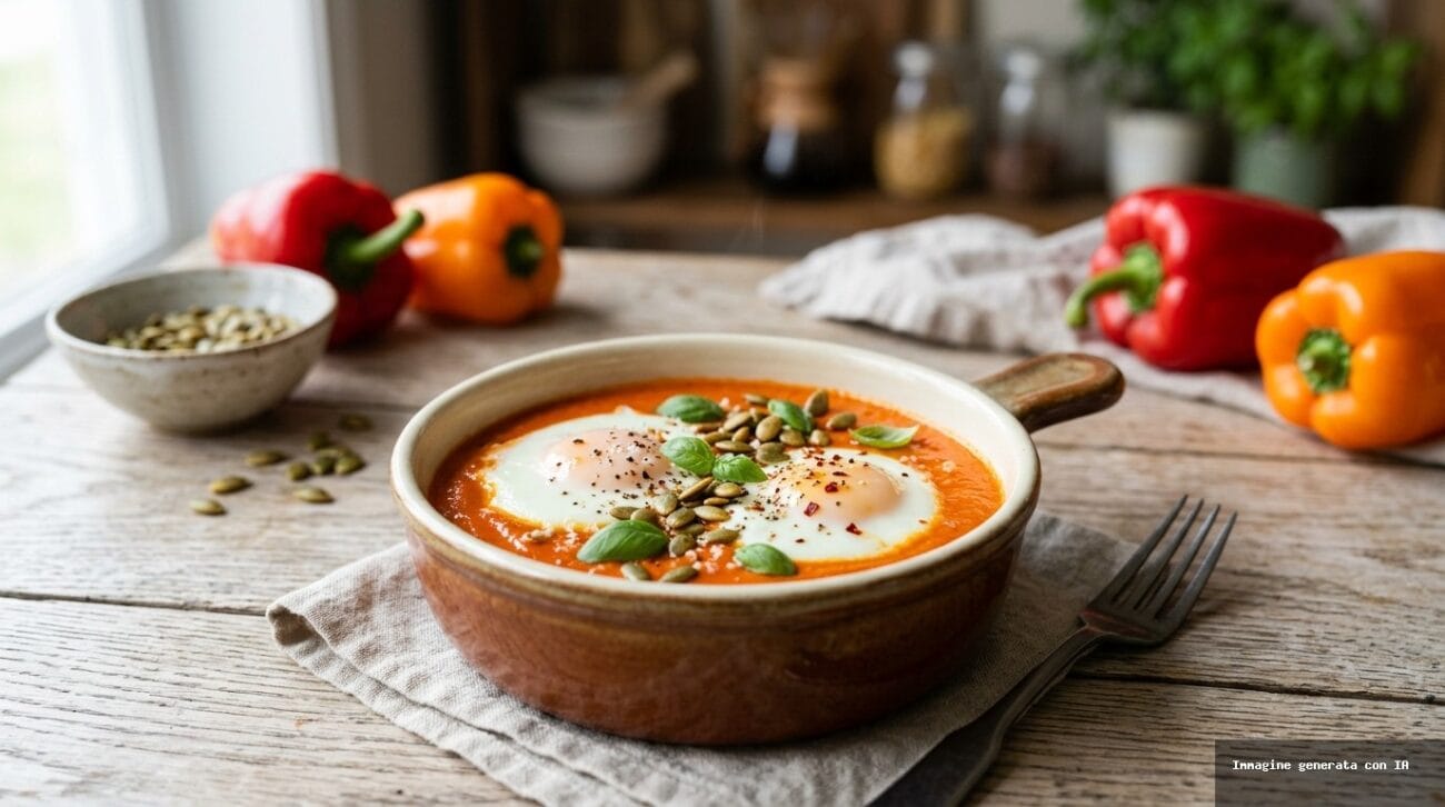 Uova in Cocotte al Vapore su Vellutata di Peperoni