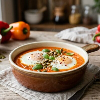 Uova in Cocotte al Vapore su Vellutata di Peperoni