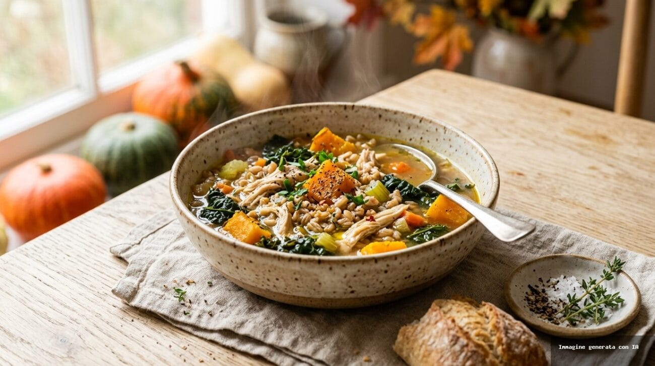 Zuppa Di Pollo Farro E Zucca Con Cavolo Nero