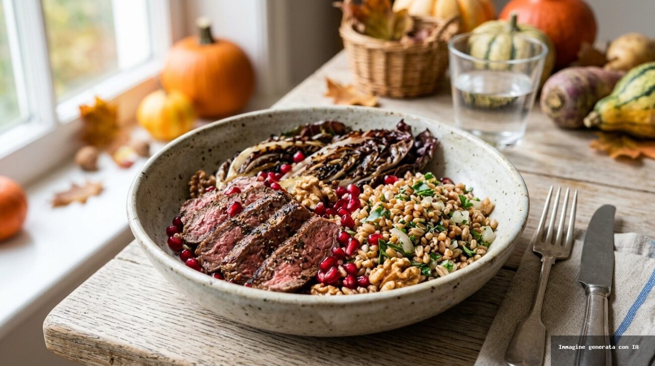 Bowl Autunnale di Manzo Grigliato con Farro, Radicchio e Melograno