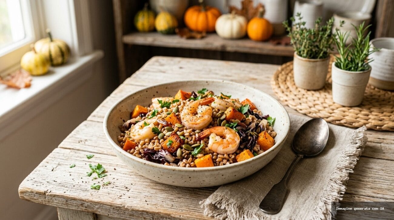Bowl Di Farro Con Gamberi Al Vapore, Zucca E Radicchio