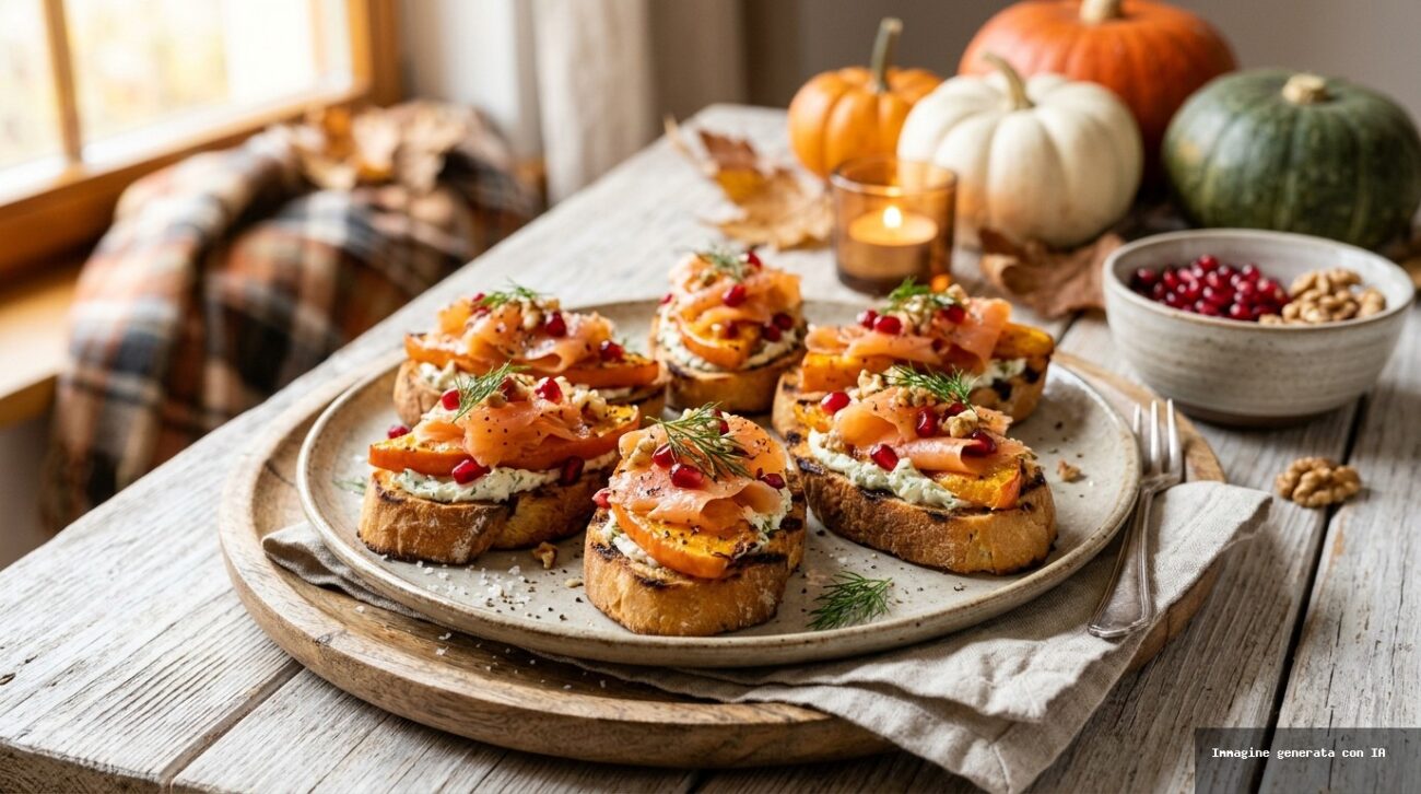 Crostini di Zucca Grigliata con Salmone Affumicato e Melograno