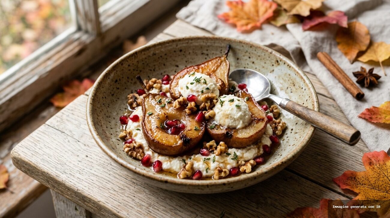 Insalata Autunnale di Pere Cotte e Ricotta con Noci e Melograno