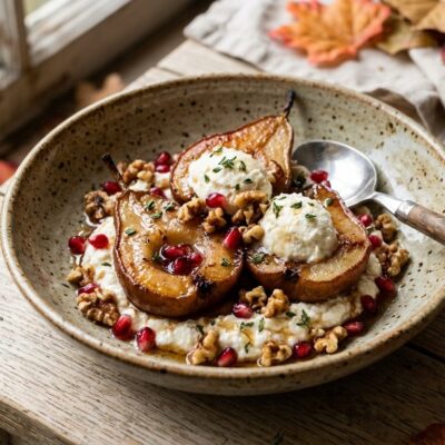 Insalata Autunnale di Pere Cotte e Ricotta con Noci e Melograno