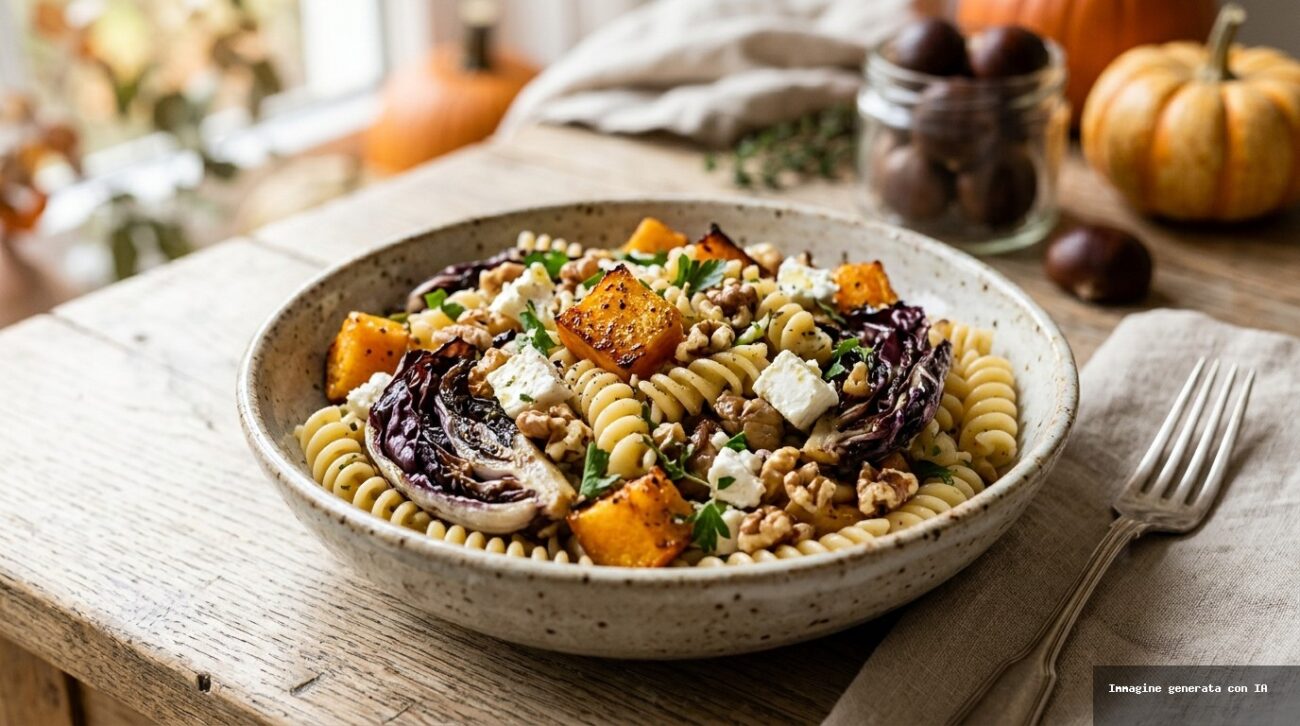 Insalata di Pasta Integrale con Zucca Arrostita, Radicchio e Castagne