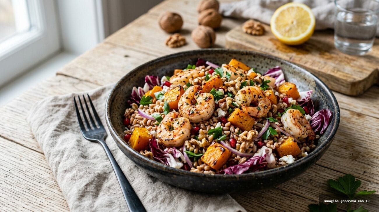 Insalata Tiepida di Farro, Gamberi e Zucca al Radicchio Croccante