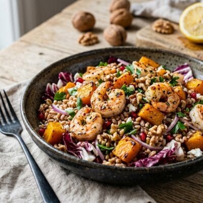 Insalata Tiepida di Farro, Gamberi e Zucca al Radicchio Croccante