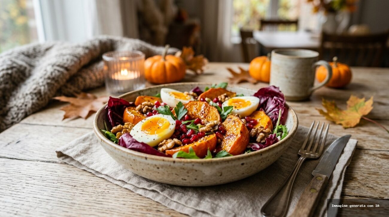 Insalata Tiepida di Zucca Arrosto e Uova con Melograno e Radicchio