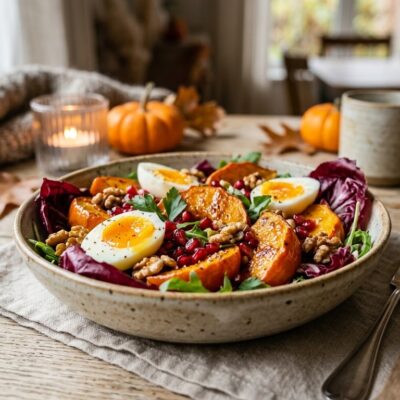 Insalata Tiepida di Zucca Arrosto e Uova con Melograno e Radicchio
