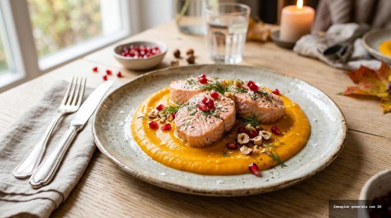 Medaglioni di Salmone al Vapore con Crema di Zucca e Melograno