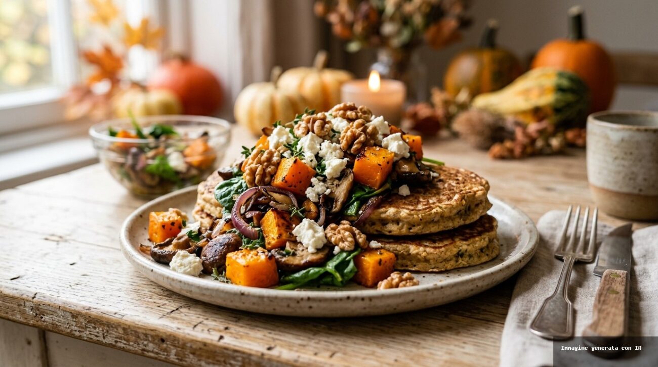 Pancake Salati Proteici con Insalata Tiepida di Zucca e Funghi
