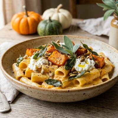 Pasta Cremosa alla Zucca Arrosto in Friggitrice con Ricotta e Salvia Croccante