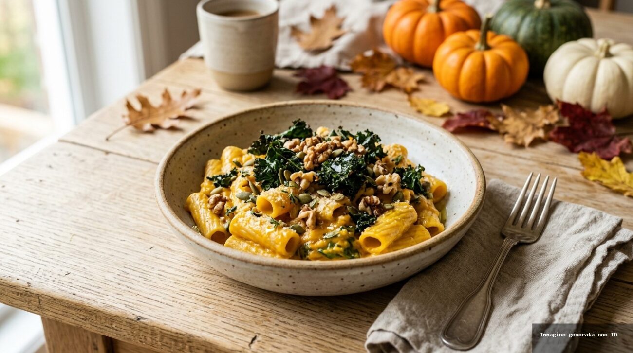 Pasta Cremosa alla Zucca al Vapore con Cavolo Nero Croccante