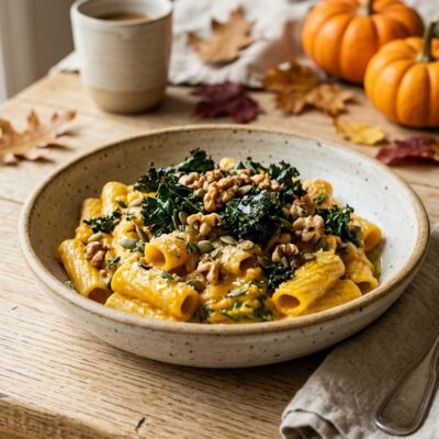Pasta Cremosa alla Zucca al Vapore con Cavolo Nero Croccante
