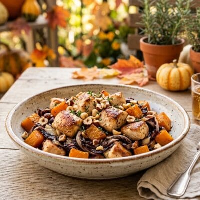 Insalata Tiepida di Farro, Gamberi e Zucca al Radicchio Croccante