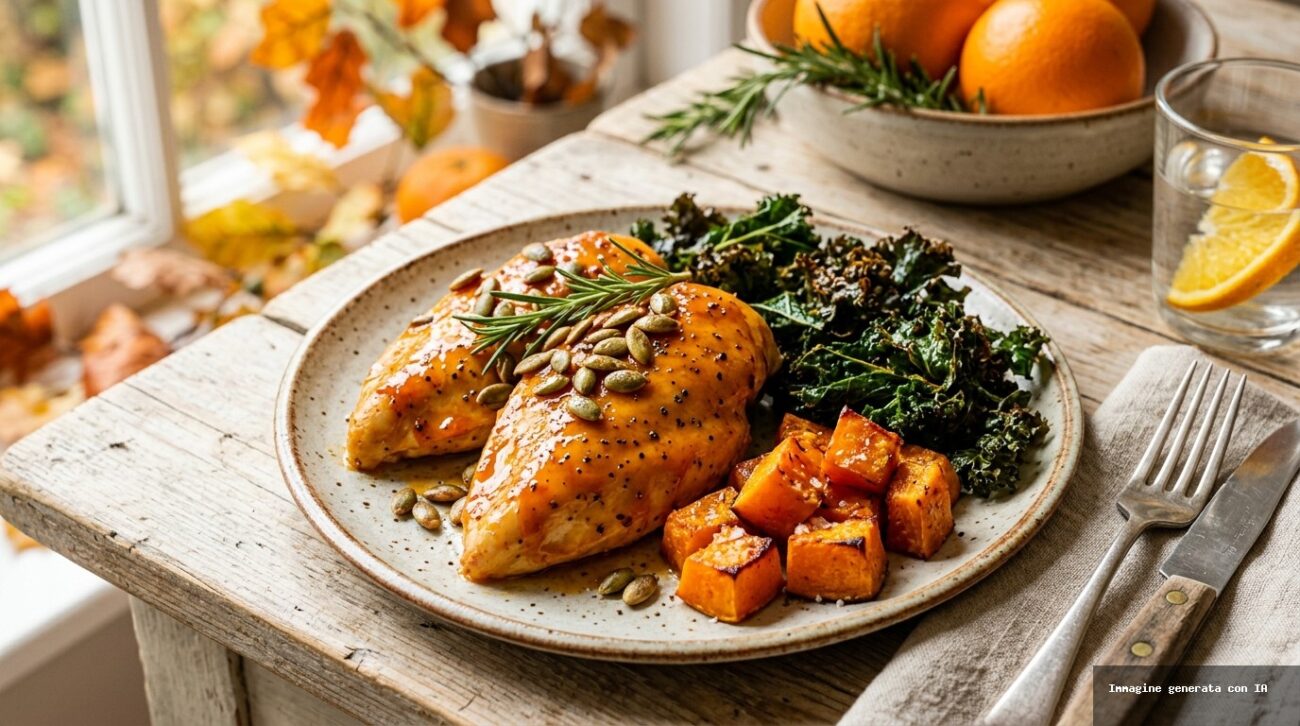 Pollo al Forno all’Arancia con Zucca e Cavolo Nero Croccante