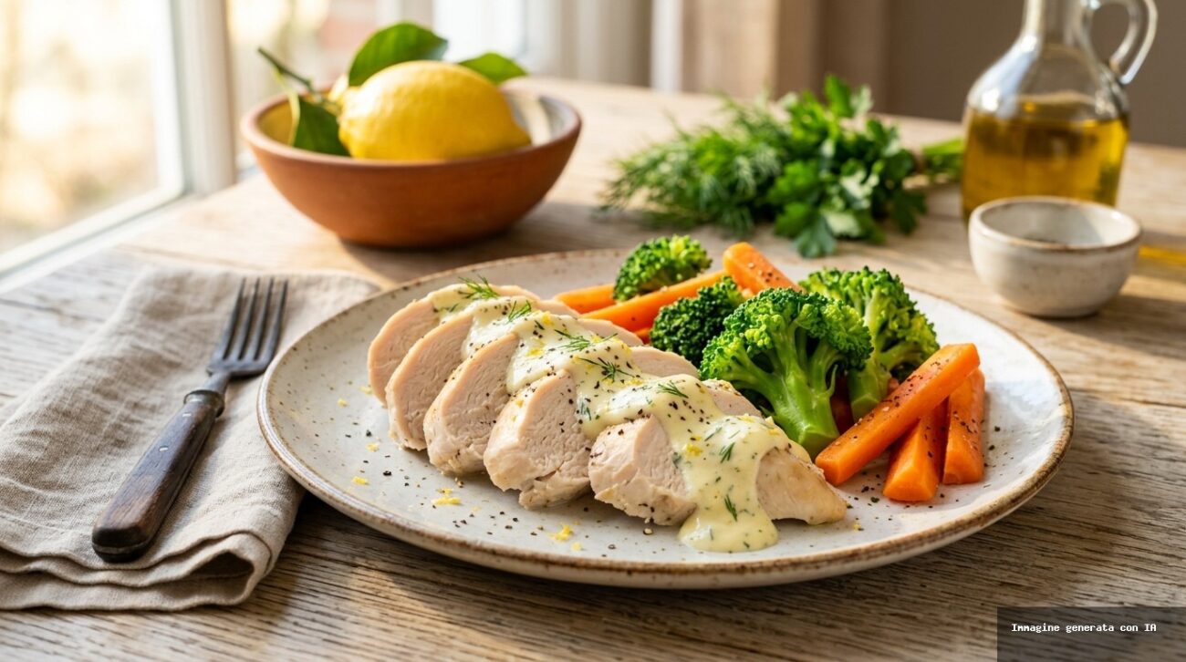 Pollo al Vapore con Salsa di Yogurt al Limone e Broccoli Croccanti