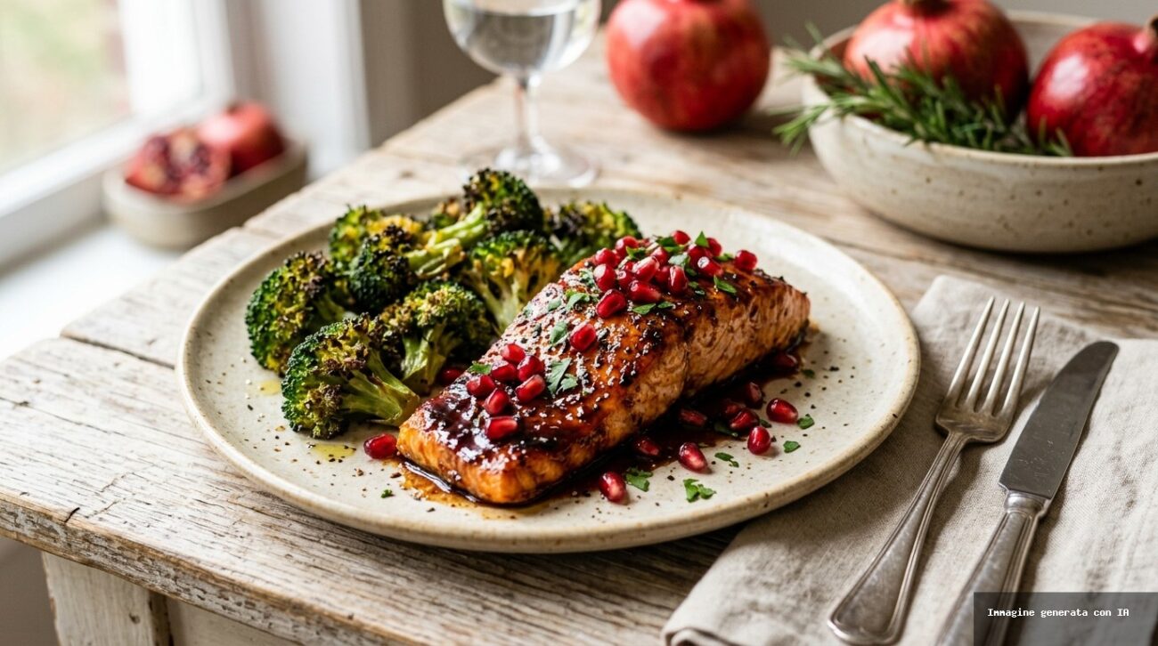 Salmone al Forno con Glassa al Melograno e Broccoli Arrostiti