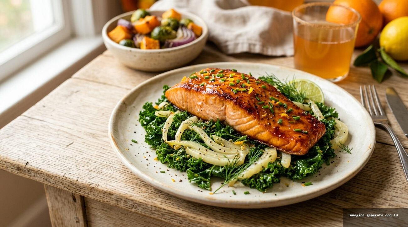 Salmone Croccante all’Arancia con Finocchi e Cavolo Nero in Friggitrice