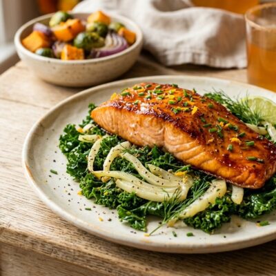Salmone Croccante all'Arancia con Finocchi e Cavolo Nero in Friggitrice