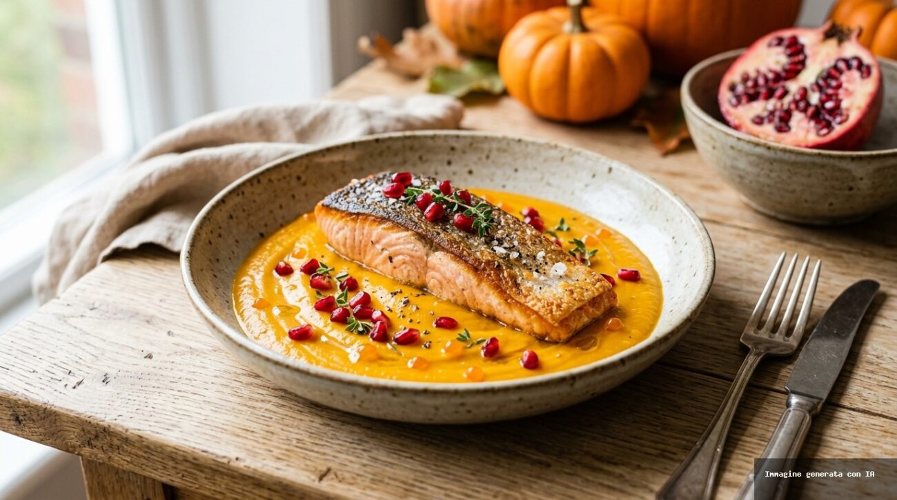Salmone Scottato in Padella con Vellutata di Zucca e Melagrana