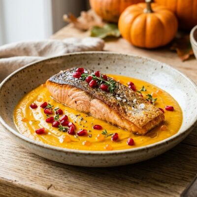 Salmone Scottato in Padella con Vellutata di Zucca e Melagrana