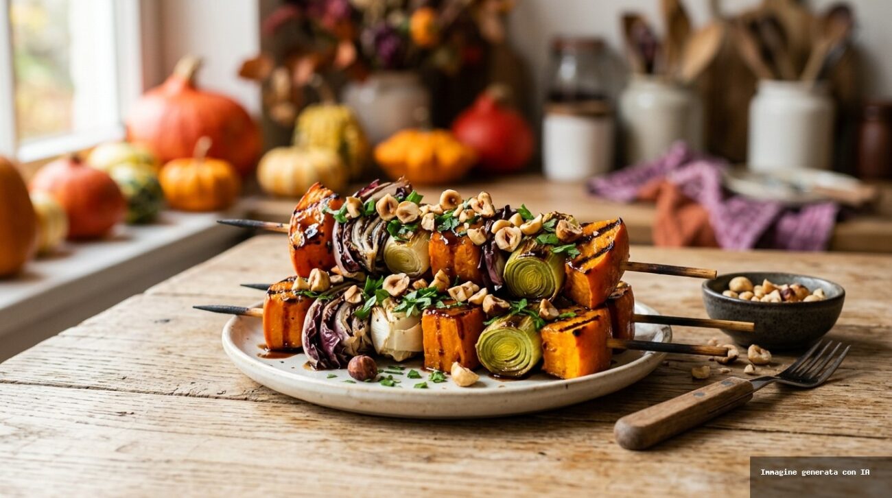 Spiedini Grigliati Di Zucca, Radicchio E Porro Con Glassa Al Balsamico