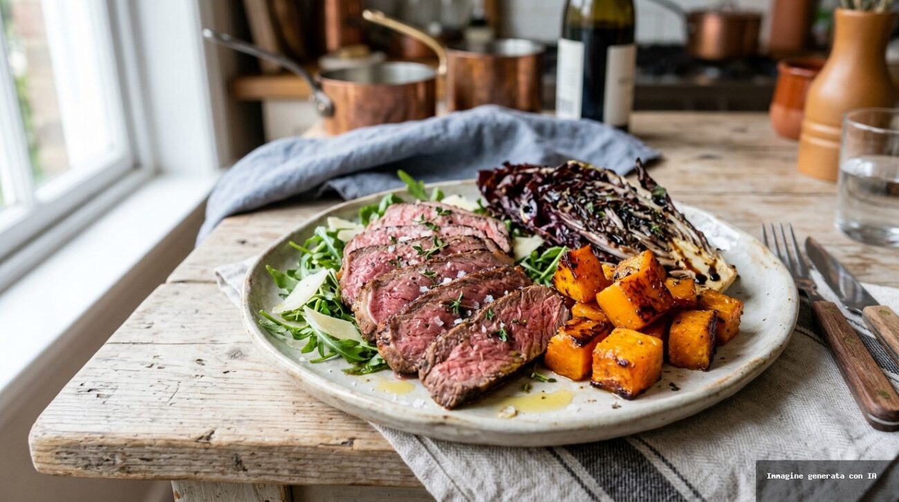 Tagliata di Manzo in Friggitrice ad Aria con Zucca e Radicchio Croccante