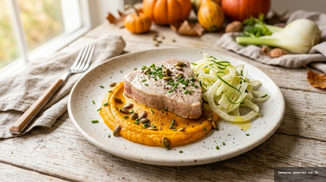 Tonno Fresco Al Vapore Con Crema Di Zucca E Finocchi Croccanti
