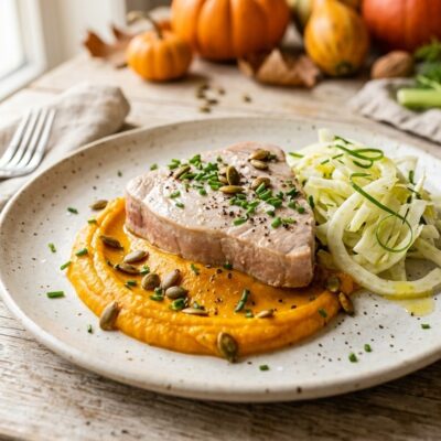 Tonno Fresco Al Vapore Con Crema Di Zucca E Finocchi Croccanti