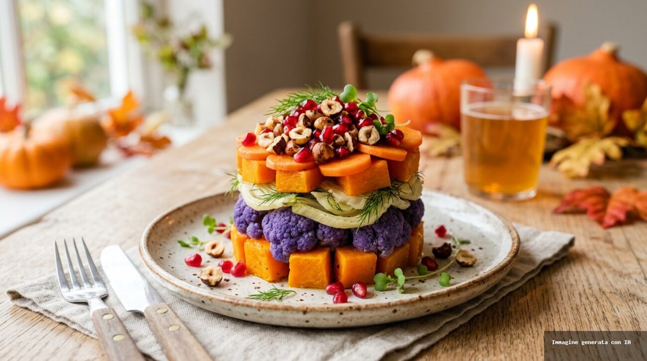 Torretta di Verdure Autunnali al Vapore con Nocciole e Melograno