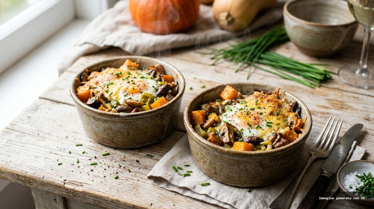 Uova in Cocotte con Zucca e Funghi alla Friggitrice ad Aria