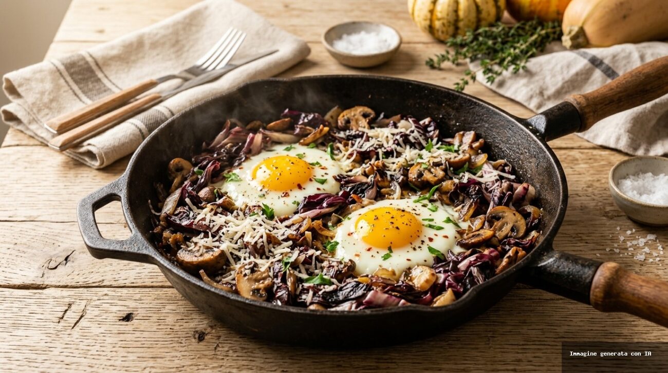 Uova in Padella con Radicchio Funghi e Pecorino