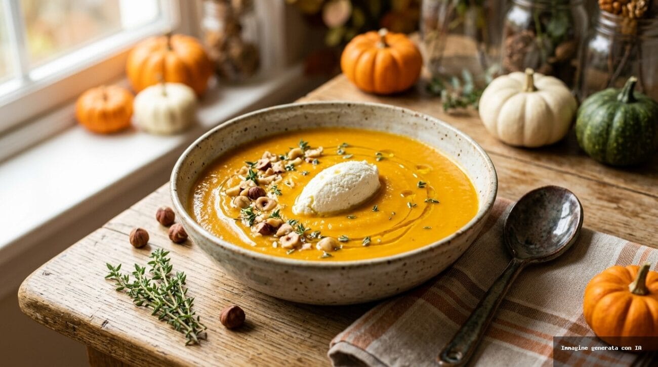 Vellutata di Zucca e Porri con Quenelle di Ricotta e Nocciole Tostate
