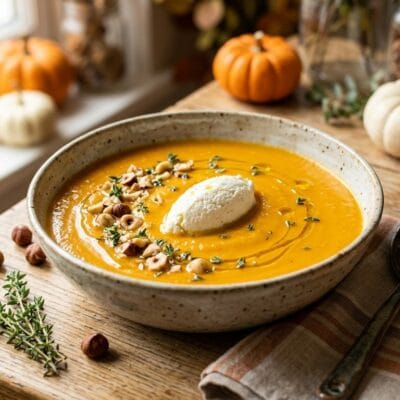 Vellutata di Zucca e Porri con Quenelle di Ricotta e Nocciole Tostate