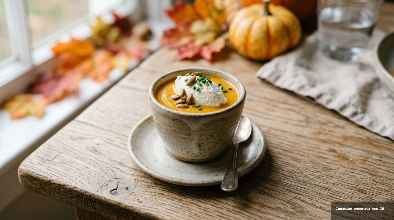 Vellutata di Zucca in Tazzina con Nuvola di Ricotta e Semi Tostati