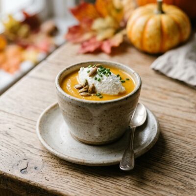 Vellutata di Zucca in Tazzina con Nuvola di Ricotta e Semi Tostati
