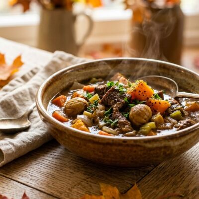 Zuppa di Manzo con Zucca e Castagne